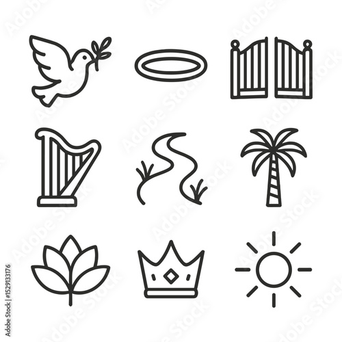 Spiritual Icon Set. Outline icon set of spiritual paradise of the Promised Land: white dove, golden halo, open gates, harp, river