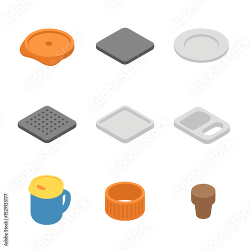 Spill Prevention Icon Set. Isometric Flat icon set of spill prevention accessories: spill guard lid, coaster, saucer, non-slip mat