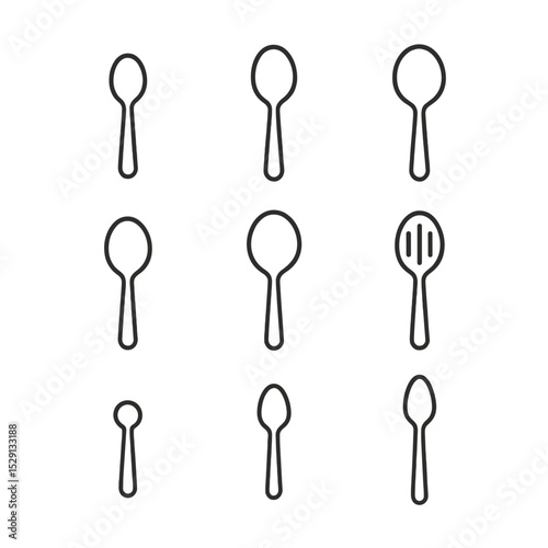 Spoon Icon Collection. Outline icon set of metal spoon types: teaspoon, tablespoon, dessert spoon, soup spoon, serving spoon,