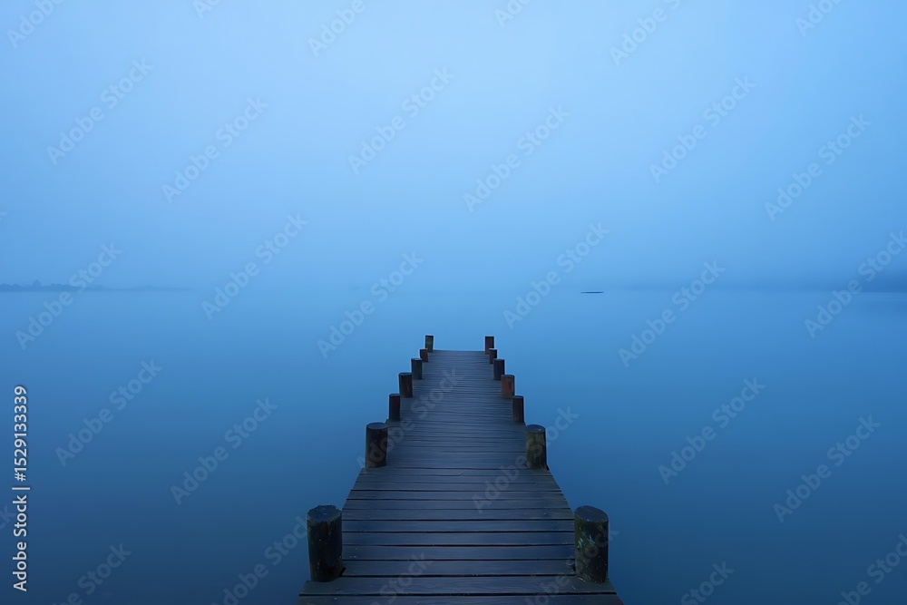 Obraz premium Serene Mist-Shrouded Pier A Tranquil Lake Landscape Photograph