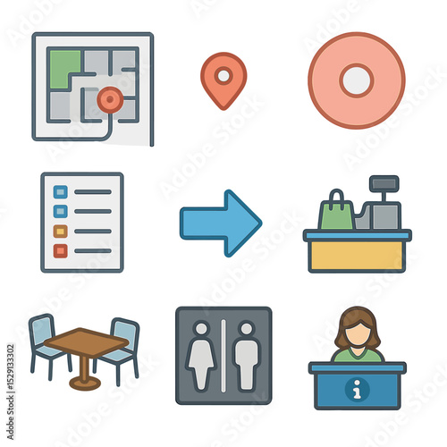 Isometric Store Icon Set. Isometric Flat icon set of store layout with hotspots: store map, hotspot dot, hotspot radius circle,