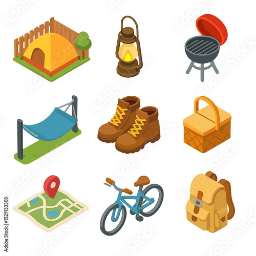 Staycation Icon Set. Isometric Flat icon set of local staycation and micro-travel: tent in backyard, camping lantern, portable
