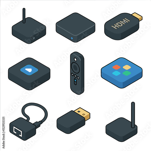 Streaming Devices Icons. Isometric Flat icon set of streaming devices: media streamer, set-top box, HDMI dongle, smart TV box,