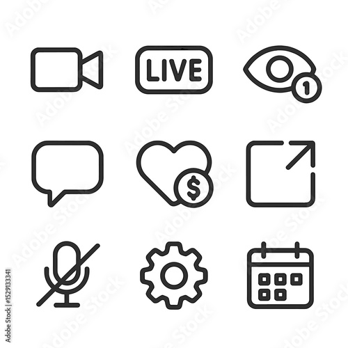 Streaming Icons Grid. Outline icon set of live streaming features: camera icon, live badge, viewer count, chat bubble, donate