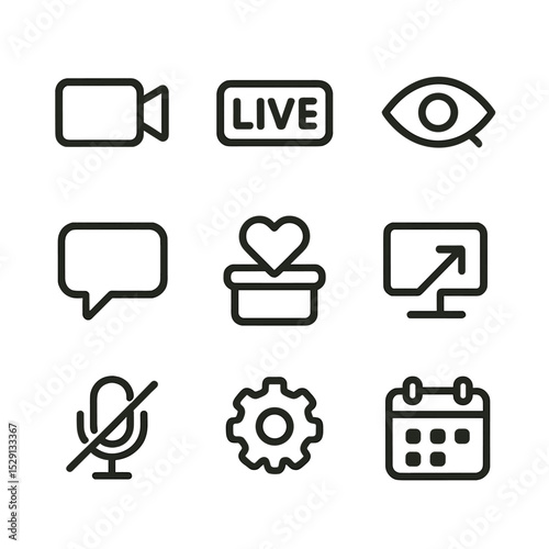 Streaming Icons Grid. Outline icon set of live streaming features: camera icon, live badge, viewer count, chat bubble, donate