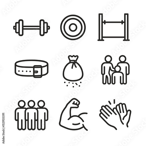Strength Training Icons. Outline icon set of strength training circle: barbell, weight plate, squat rack, lifting belt, chalk bag,