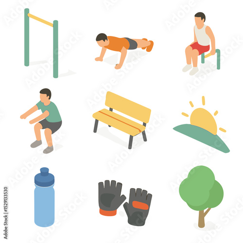 Sunrise Park Exercise Icons. Isometric Flat icon set of sunrise park calisthenics group: pull-up bar, person doing push-up, person