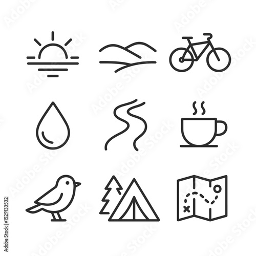 Sunrise Cycling Icons. Outline icon set of sunrise mountain bike rides: rising sun, horizon hills, bicycle silhouette, dew drop,