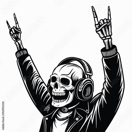 Create a digital illustration of a skull DJ, wearing headphones, throwing hand signs, amidst a vibrant party scene, isolated on a white background.