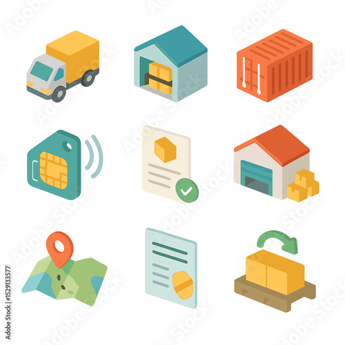 Supply Chain Icons. Isometric Flat icon set of supply chain management: supplier truck, inventory warehouse, transport container,