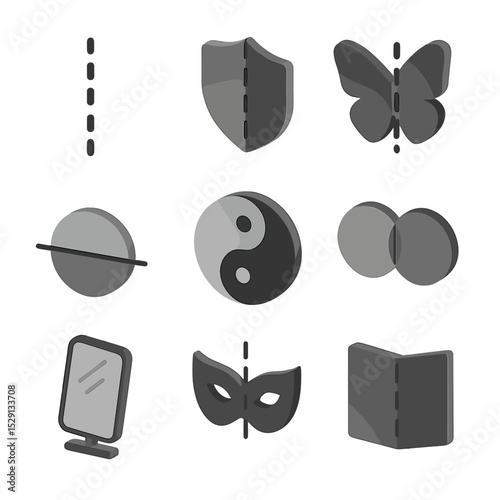 Symmetric Icon Set. Isometric Flat icon set of symmetry balance: vertical axis line, mirrored shape, butterfly silhouette,