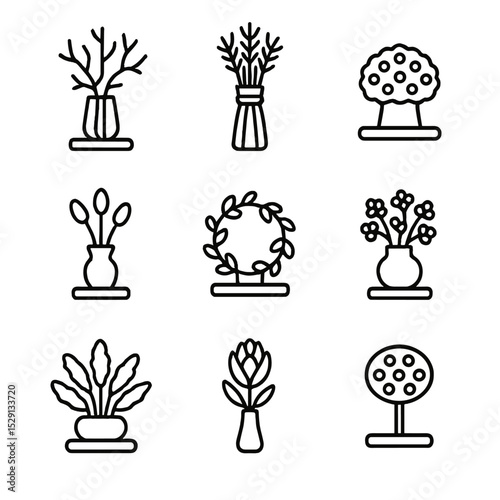 Table Centerpiece Icons. Outline icon set of table centerpieces: dried branch centerpiece, wheat sheath vase, strawflower dome,