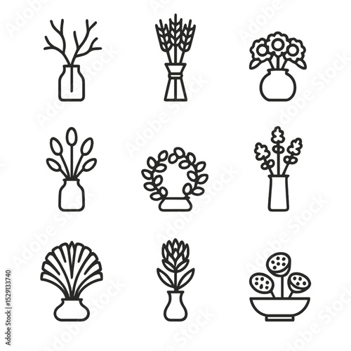 Table Centerpiece Icons. Outline icon set of table centerpieces: dried branch centerpiece, wheat sheath vase, strawflower dome,