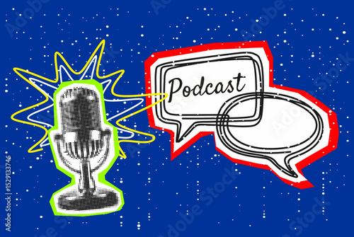 Trendy Halftone Collage with Studio Microphone for Podcast and speech bubble. Broadcast recording. Listen to educational content. Online radio. Audio streaming service.	