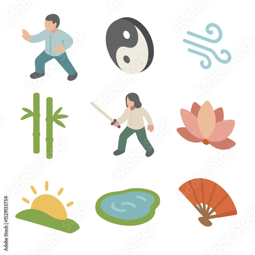Tai Chi Icon Collection. Isometric Flat icon set of tai chi in the park at dawn: tai chi pose, yin-yang symbol, soft breeze icon,