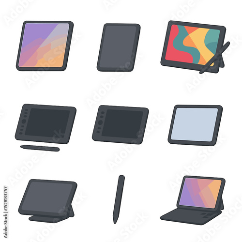 Tablet Icons Grid. Isometric Flat icon set of tablet brands and models: flagship tablet, budget tablet, drawing monitor, pen