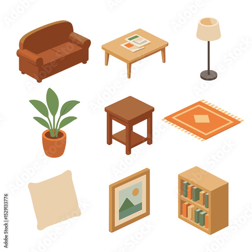 Talk Show Lounge Icons. Isometric Flat icon set of talk show lounge set: leather sofa, coffee table with magazines, floor lamp,