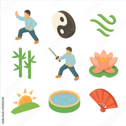 Tai Chi Icon Collection. Isometric Flat icon set of tai chi in the park at dawn: tai chi pose, yin-yang symbol, soft breeze icon,