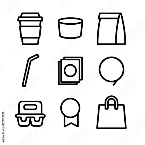 Takeaway Icon Set. Outline icon set of takeaway items: cup with lid, coffee sleeve, paper bag, straw, napkin pack, sticker logo,