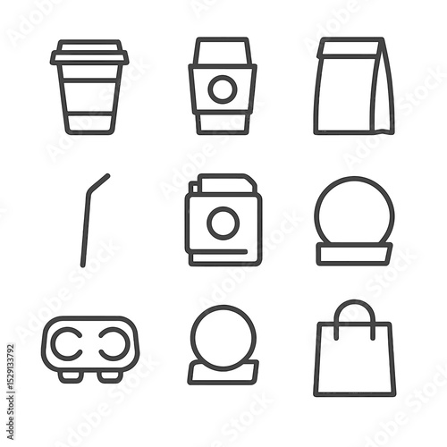 Takeaway Icon Set. Outline icon set of takeaway items: cup with lid, coffee sleeve, paper bag, straw, napkin pack, sticker logo,
