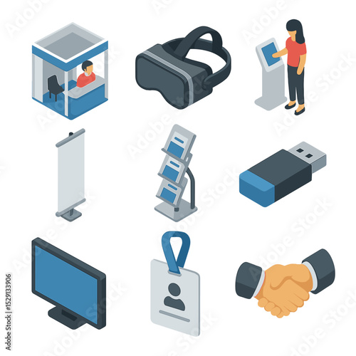 Tech Expo Icon Set. Isometric Flat icon set of tech expo booth: trade show booth, VR headset, demo kiosk, banner stand, brochure
