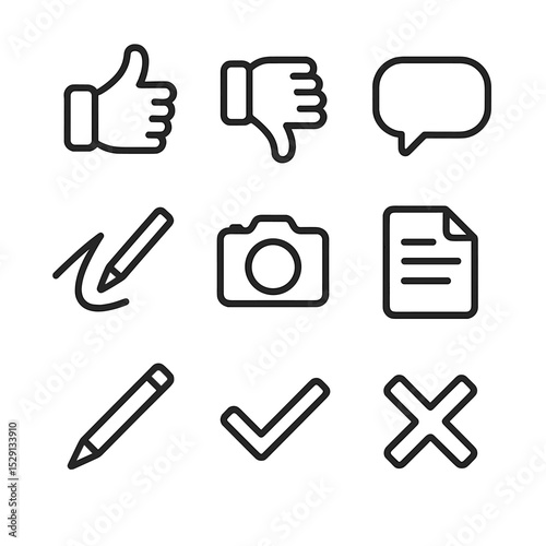 Technical Rehearsal Icons. Outline icon set of technical rehearsal feedback: thumbs-up, thumbs-down, comment bubble, red pen mark,