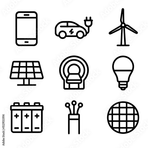Tech Icons Set. Outline icon set of tech applications: smartphone, electric vehicle, wind turbine, solar panel, MRI scanner, LED