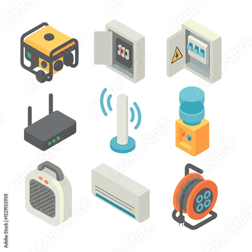 Temporary Office Utilities. Isometric Flat icon set of temporary office utilities: portable generator, electrical panel, circuit