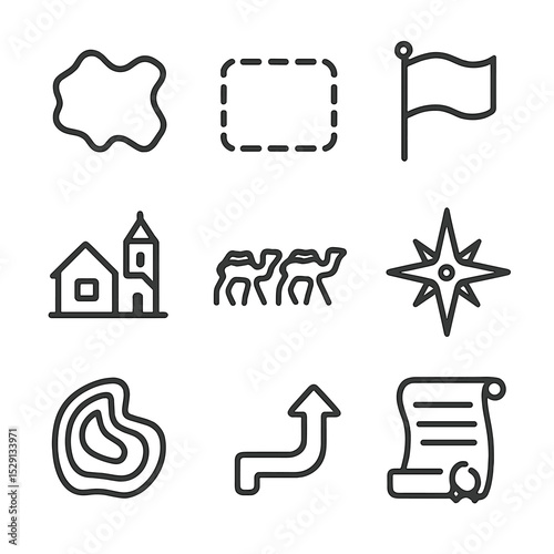 Territorial Expansion Icons. Outline icon set of territorial expansion: map outline, border line, national flag, settlement icon,