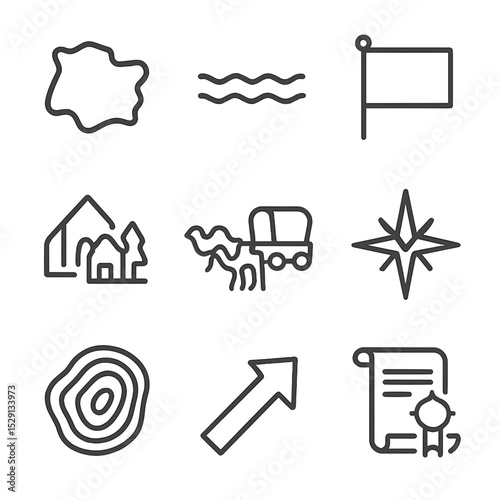 Territorial Expansion Icons. Outline icon set of territorial expansion: map outline, border line, national flag, settlement icon,