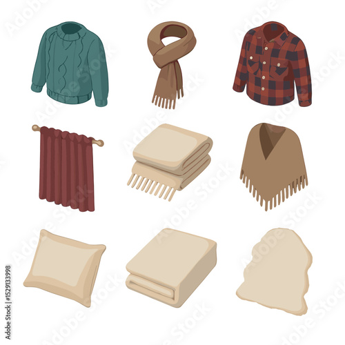Textile Icon Grid. Isometric Flat icon set of soft textiles and fabrics: woolen sweater, cashmere scarf, flannel shirt, velvet