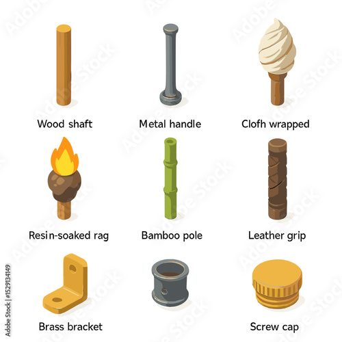 Torch Components Icons. Isometric Flat icon set of torch materials and construction: wood shaft, metal handle, cloth-wrapped head,
