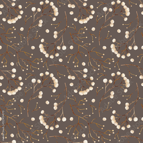 Pattern branch snowberry, white berries, beige golden twig. Watercolor illustration hand drawn stylized. Seamless elegant print on dark brown background for design textiles fabrics, packaging, clothes