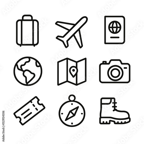 Travel Icons Grid. Outline icon set of travel adventure: suitcase, airplane, passport, globe, map, camera, ticket stub, compass,