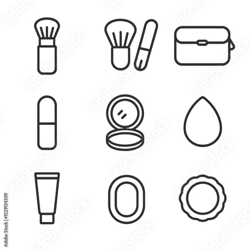 Travel Makeup Brushes Icons. Outline icon set of travel makeup brushes: retractable brush, mini kabuki, foldable brush set, travel