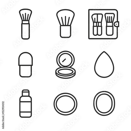 Travel Makeup Brushes Icons. Outline icon set of travel makeup brushes: retractable brush, mini kabuki, foldable brush set, travel