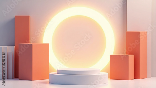 Abstract product display, a white platform with coral geometric shapes. A yellow ring light is behind the display, creating a soft glow for product photography.

