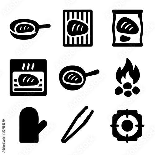 Tuna Cooking Icons. Solid, Filled icon set of tuna steak cooking methods: searing pan, grill grate, sous-vide bag, broiler rack,
