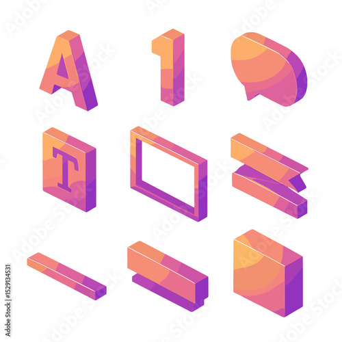 Typography Gradient Icons. Isometric Flat icon set of typography gradient placeholders: gradient letter A, gradient number 1,