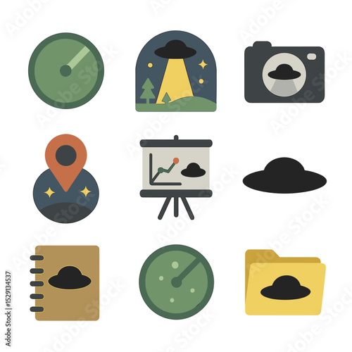 UFO Phenomena Icons. Flat icon set of UFO phenomena and sightings: radar blip, night sky glow, eyewitness camera, sky map pin,