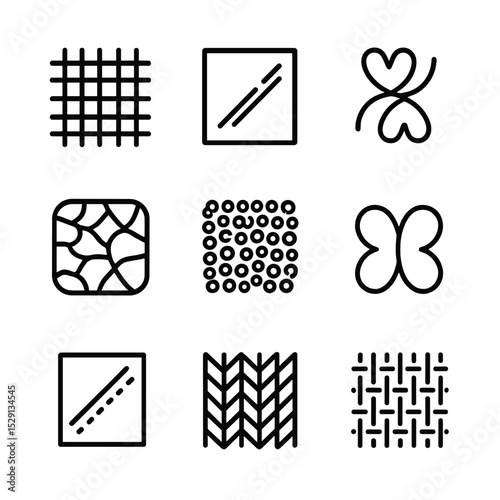 Upholstery Texture Icons. Outline icon set of upholstery textures: linen weave, velvet nap, wool blend, leather grain, boucle loop