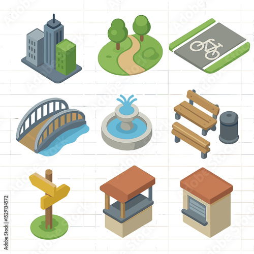 Urban Hiking Icons. Isometric Flat icon set of urban hiking and greenways: city skyline, park trail, bike path, pedestrian bridge,