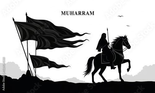Muharram Silhouette with Rider on Horse and Flags | Islamic New Year Commemoration for Posters, Banners and Religious Events