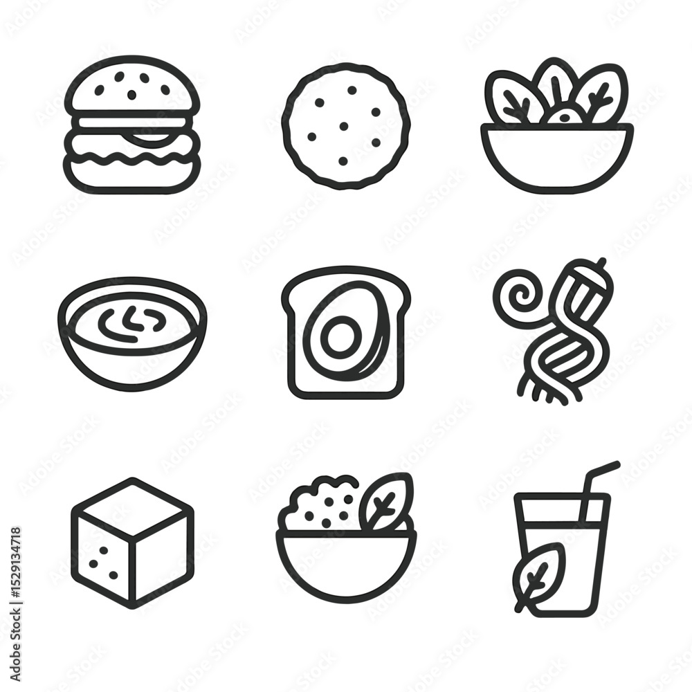 Vegan Icon Set. Outline icon set of vegan and plant-based offerings: veggie burger, falafel ball, salad bowl, hummus dip, avocado Vegan Icon Set. Outline icon set of vegan and plant-based offerings: veggie burger, falafel ball, salad bowl, hummus dip, avocado
