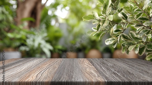 Wooden surface with blurred green plants background backdrop for product display.