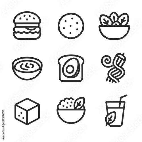 Vegan Icon Set. Outline icon set of vegan and plant-based offerings: veggie burger, falafel ball, salad bowl, hummus dip, avocado