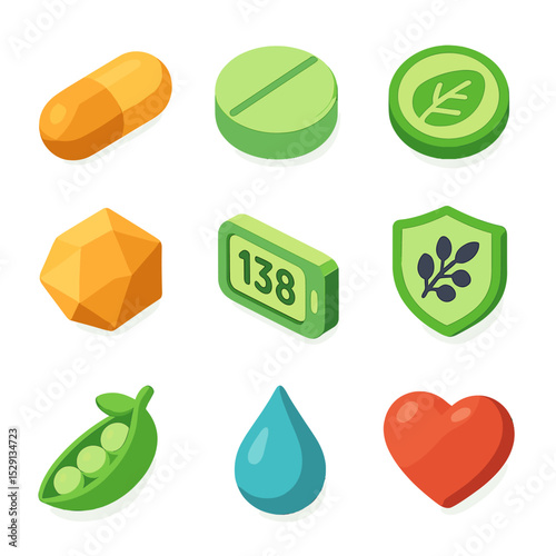 Vegetable Nutrition Icons. Isometric Flat icon set of vegetable nutrition icons: vitamin A capsule, vitamin C tablet, fiber symbol