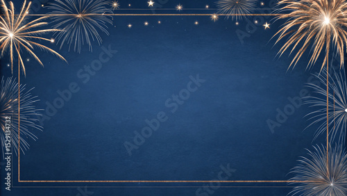Elegant Fireworks Background with Blue and Gold Frame – Independence Day Celebration