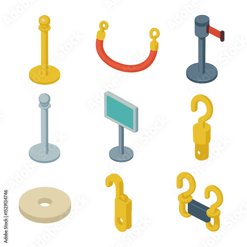 Velvet Rope Icon Set. Isometric Flat icon set of Velvet Ropes and Stanchions: brass stanchion post, red velvet rope segment,