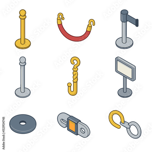 Velvet Rope Icon Set. Isometric Flat icon set of Velvet Ropes and Stanchions: brass stanchion post, red velvet rope segment,
